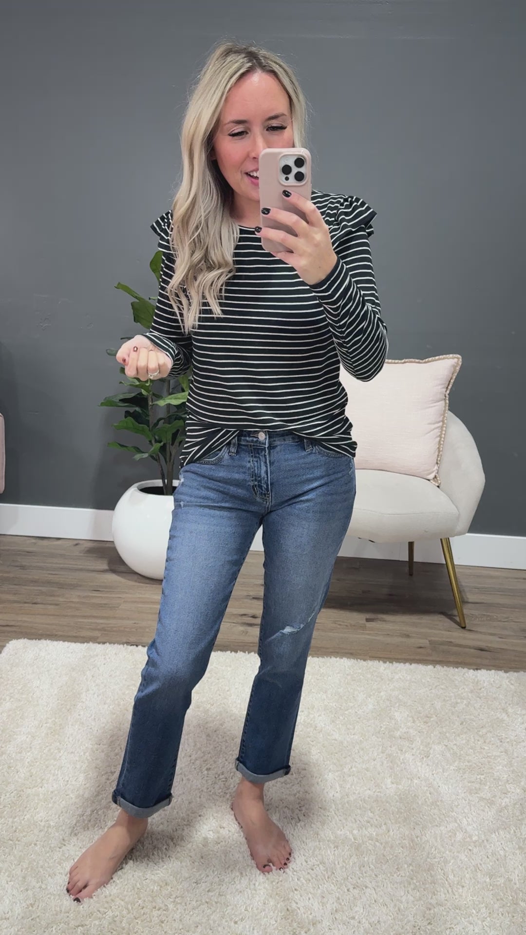 Can't Explain Striped Ruffle Shoulder Top - Black