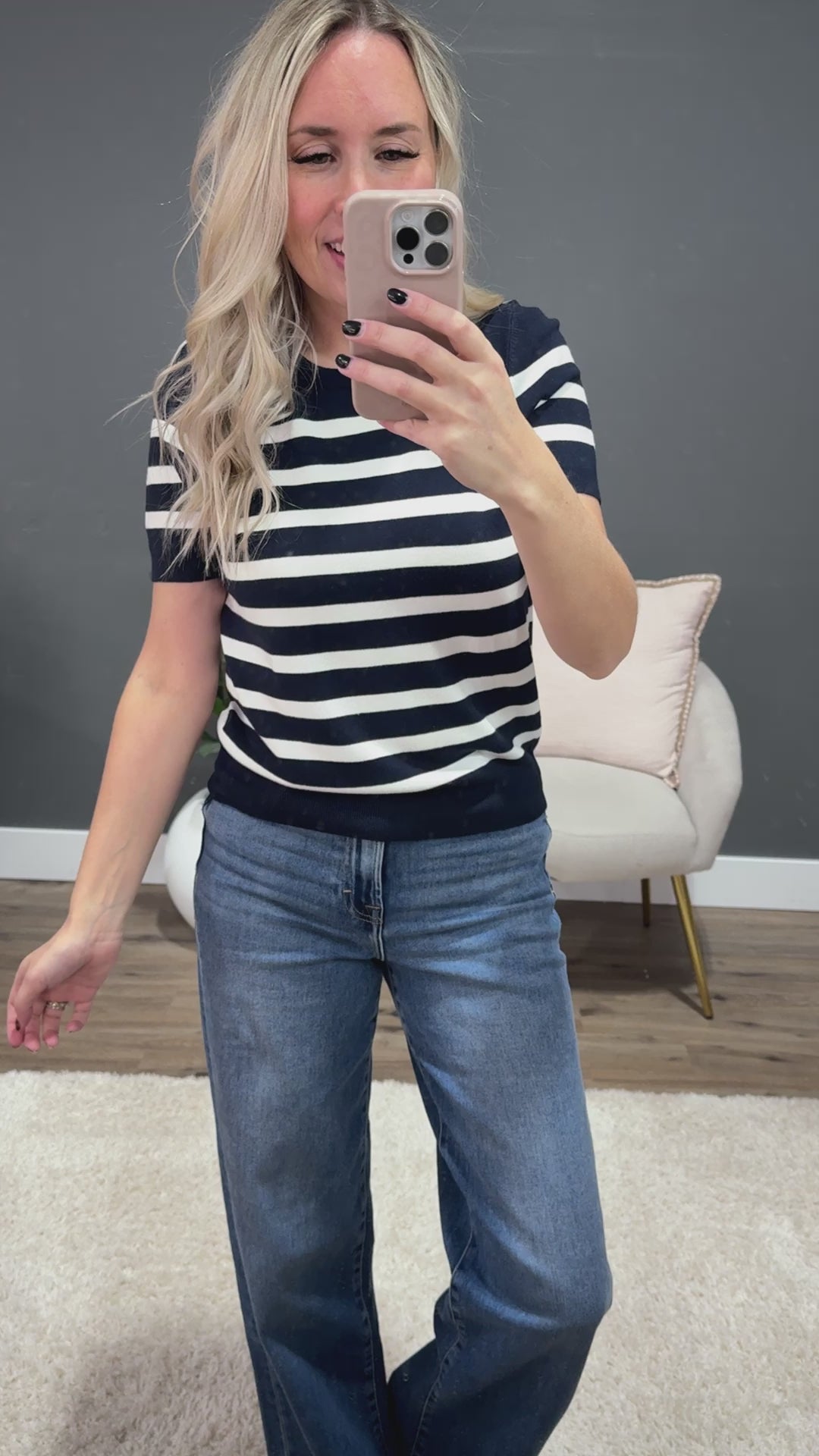 NEW! Heidi Short Sleeve Striped Sweater - Navy