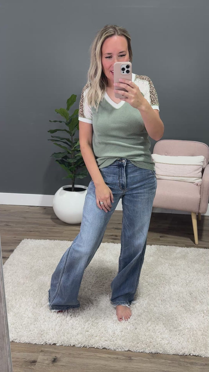 NEW! Angelica Mixed Fabric Corded Top - Light Olive 7th Ray