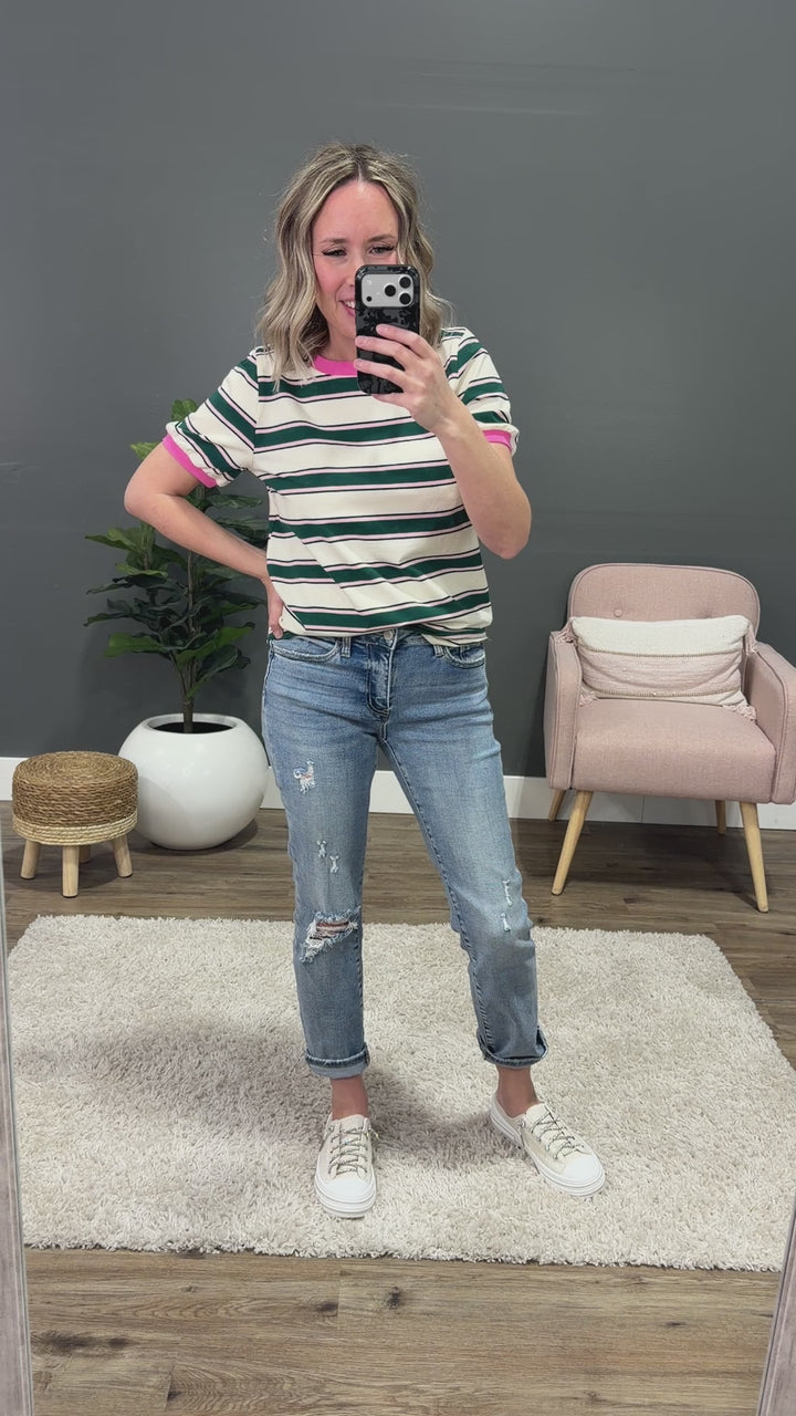 Shauna Contrast Striped Top - Green & Pink Staccato
