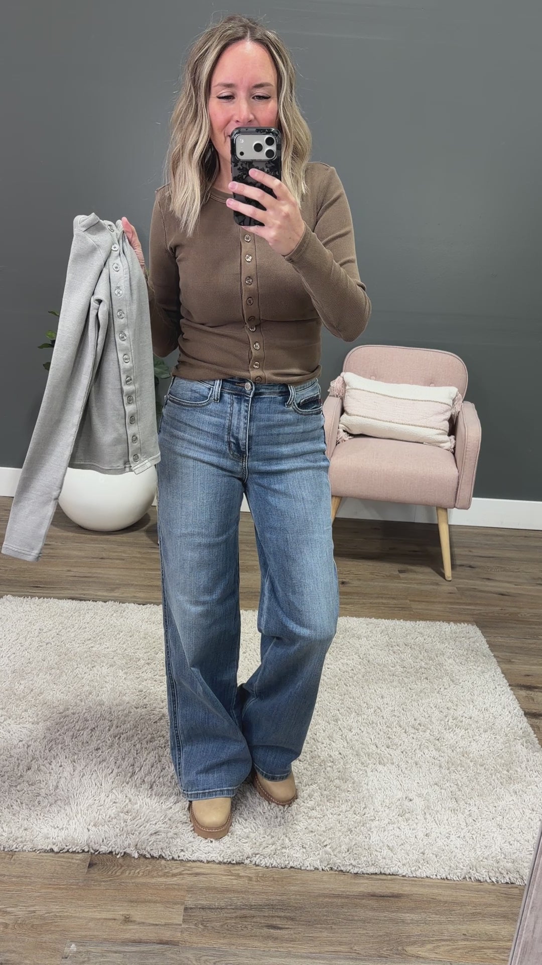 NEW! Cecilia Micro Ribbed Button Up Top - Gray