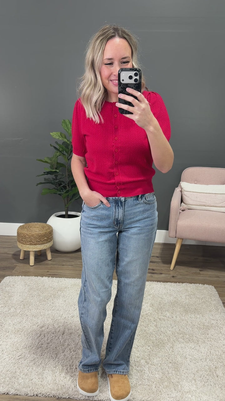 Brooke Pointelle Short Sleeve Cardigan - Poppy Red Be Cool