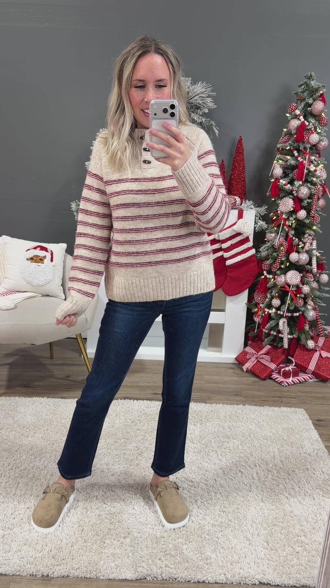 NEW! Fireside Striped Henley Sweater - Oatmeal & Red