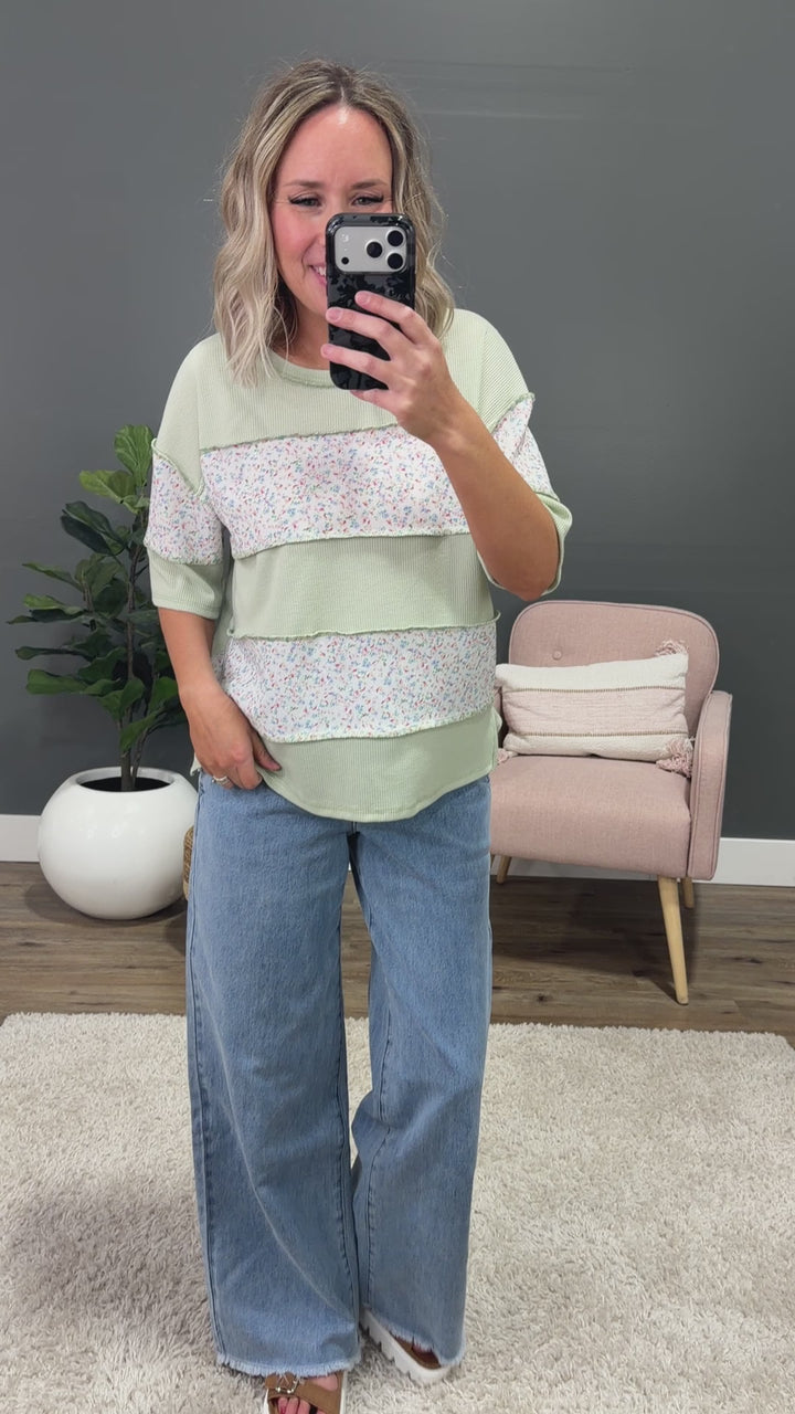 NEW! Camila Floral Color Block Top - Sage Lovely Melody