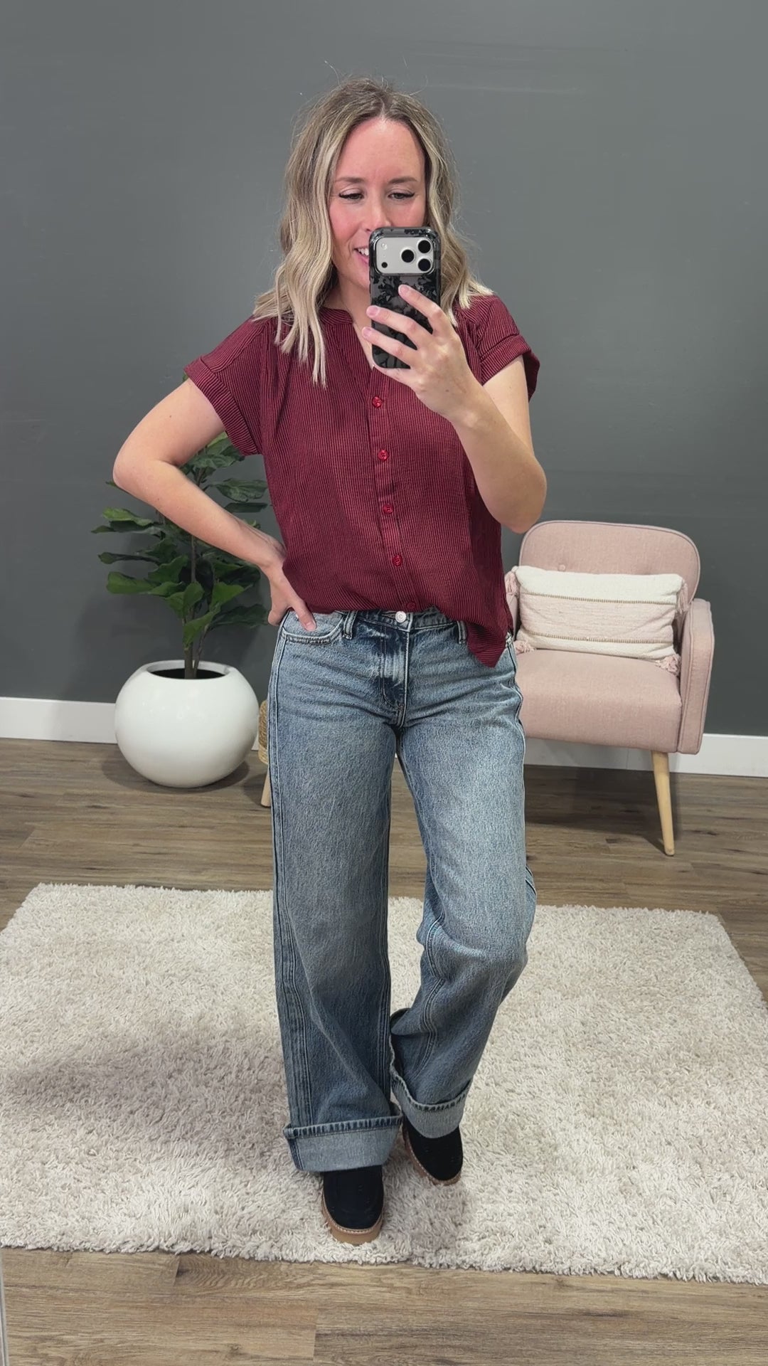 NEW! Denise Rolled Cuff Button Up Top - Burgundy