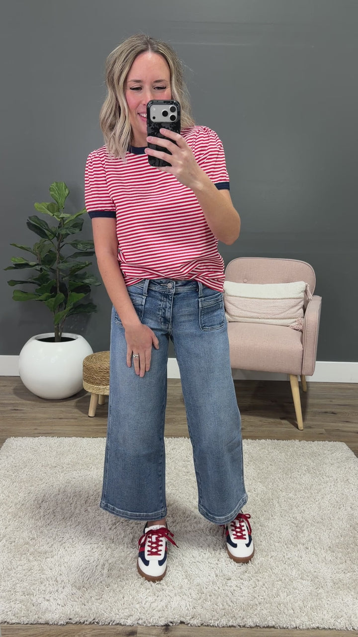 NEW! Mandy Puff Sleeve Striped Top - Red & Navy Staccato