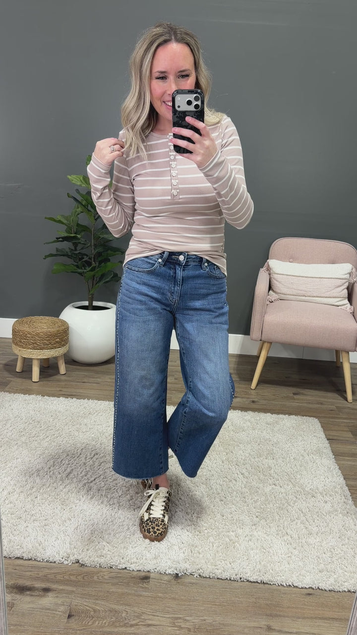 NEW! Celeste Striped Henley Top - Taupe