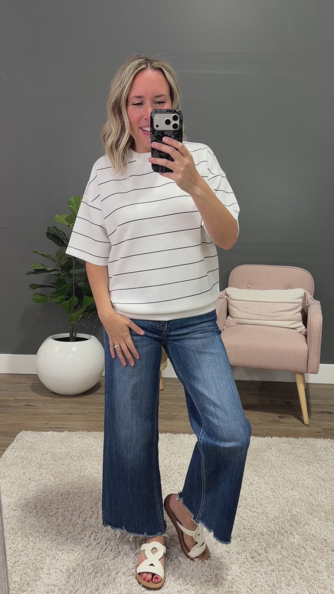 NEW! Macey Scuba Fabric Striped Top - Cream & Black