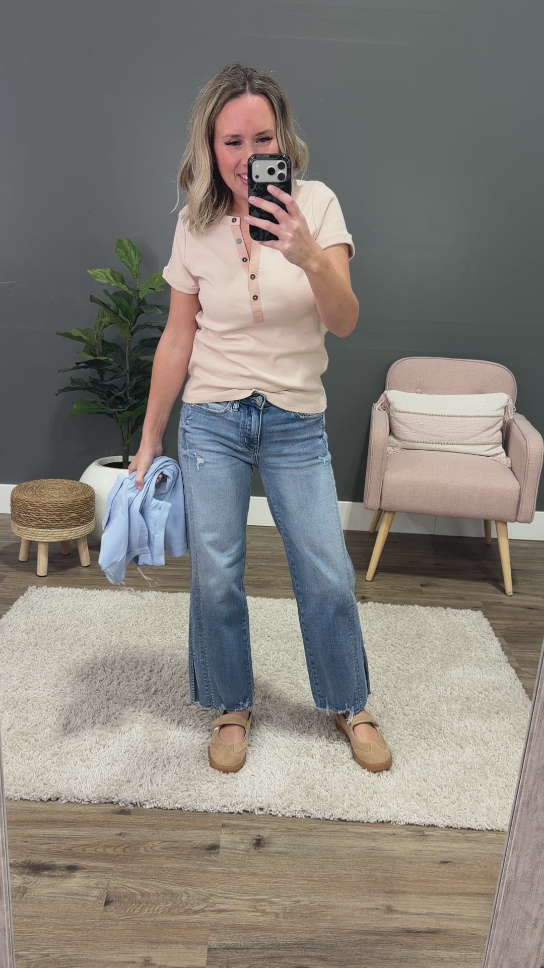 NEW! Amara Ribbed Knit V Neck Henley Top - Sky Blue Staccato