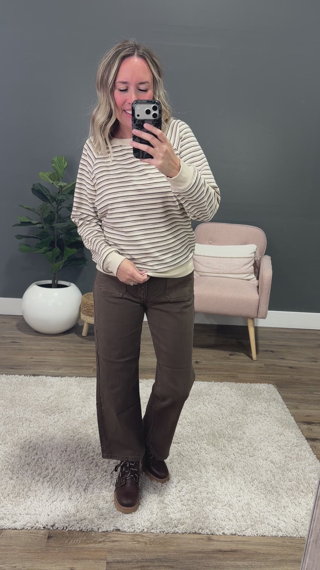 NEW! Jada Micro Brushed Striped Top - Ivory & Brown