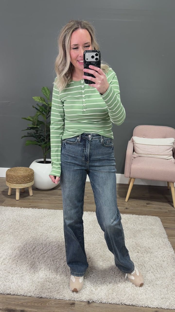 NEW! Celeste Striped Henley Top - Avocado