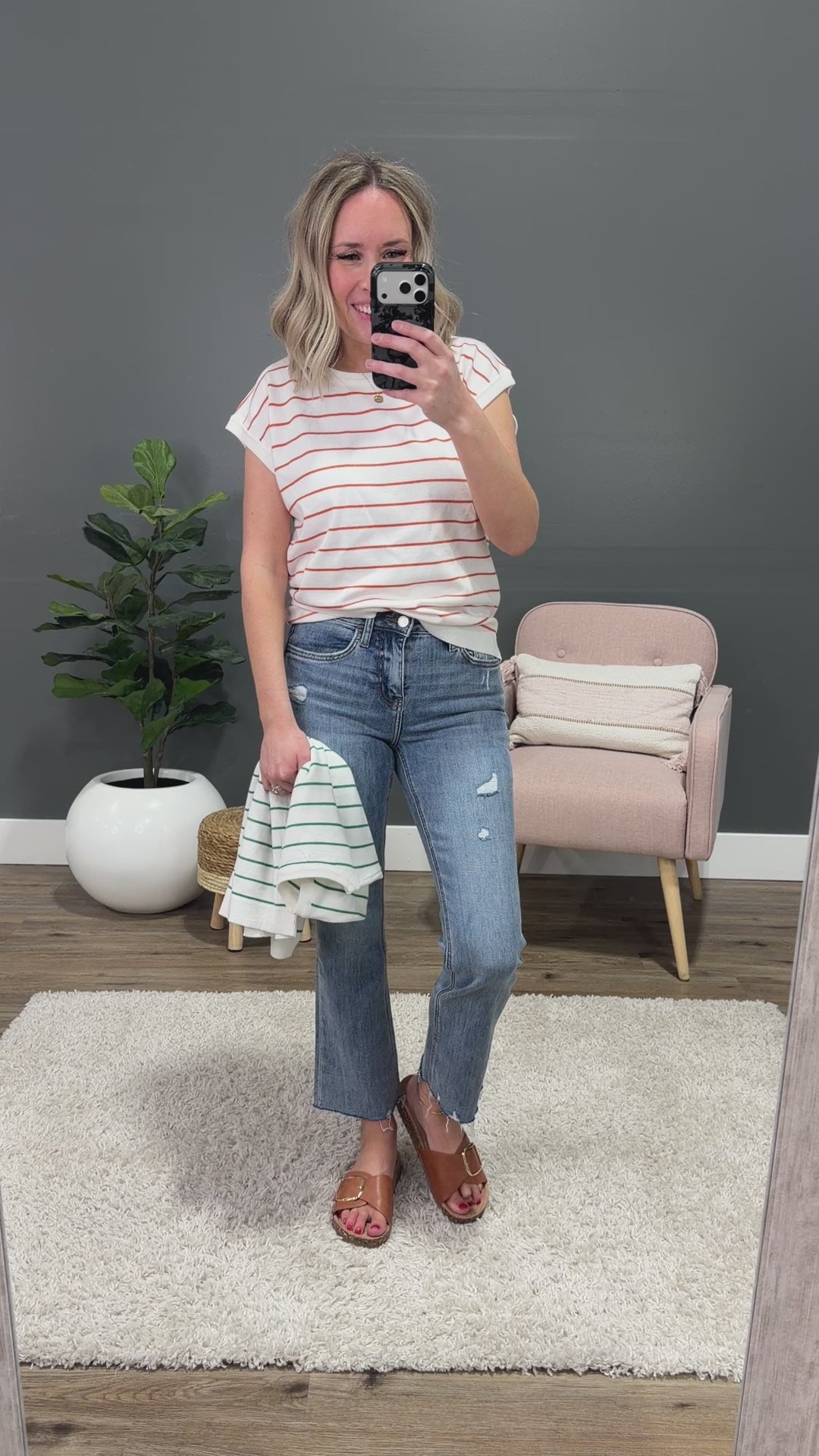 NEW! Allie Striped Short Sleeve Sweater - Ivory & Green Staccato