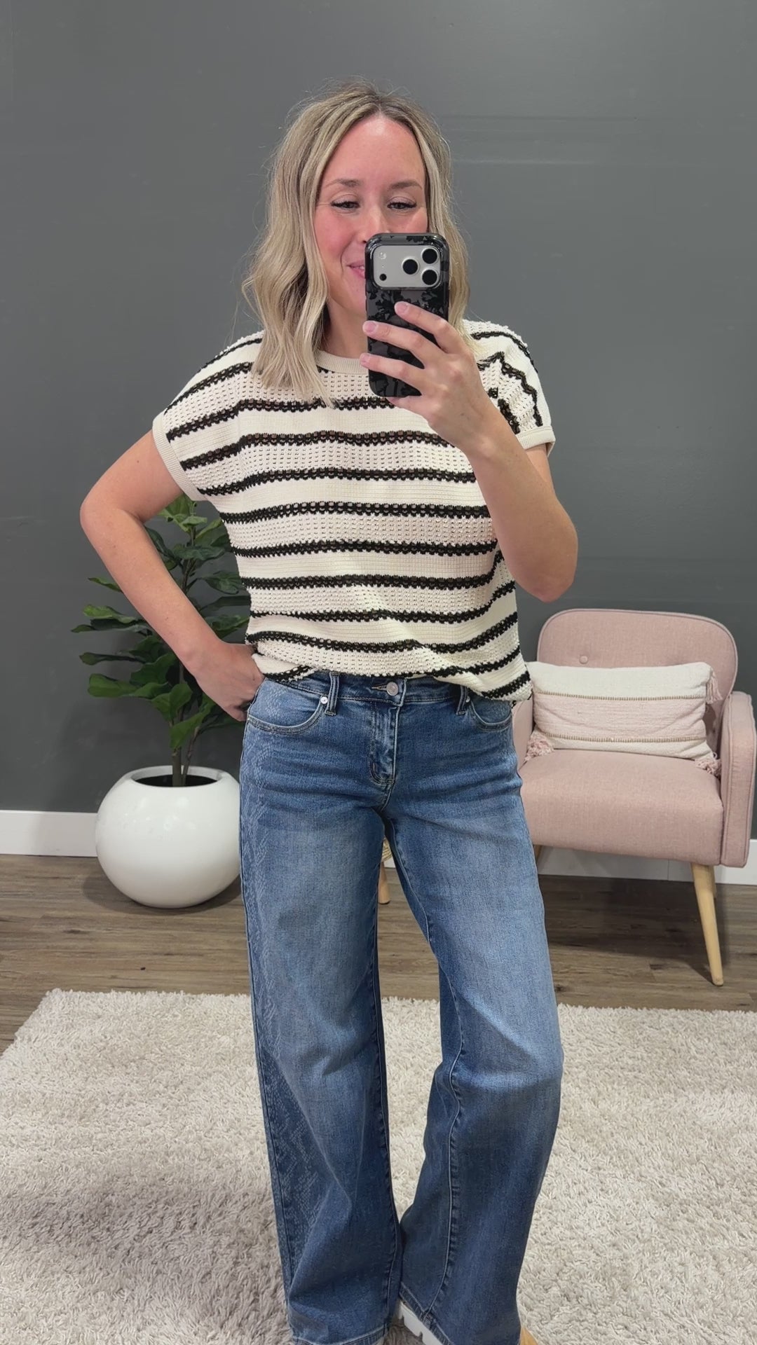 NEW! Kenzie Striped Open Knit Top - Ivory & Black
