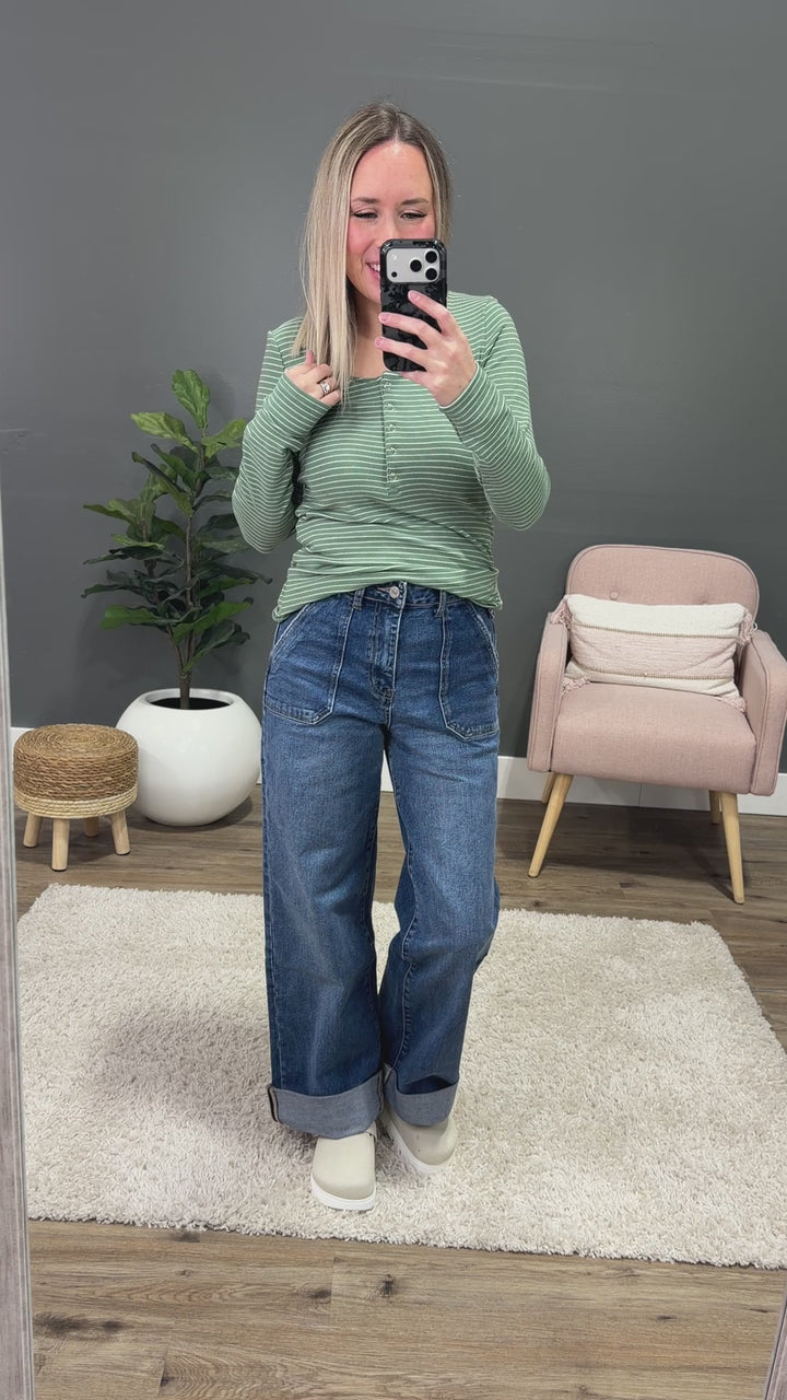 NEW! Dawn Striped Henley Long Sleeve Top - Fern Michelle Mae