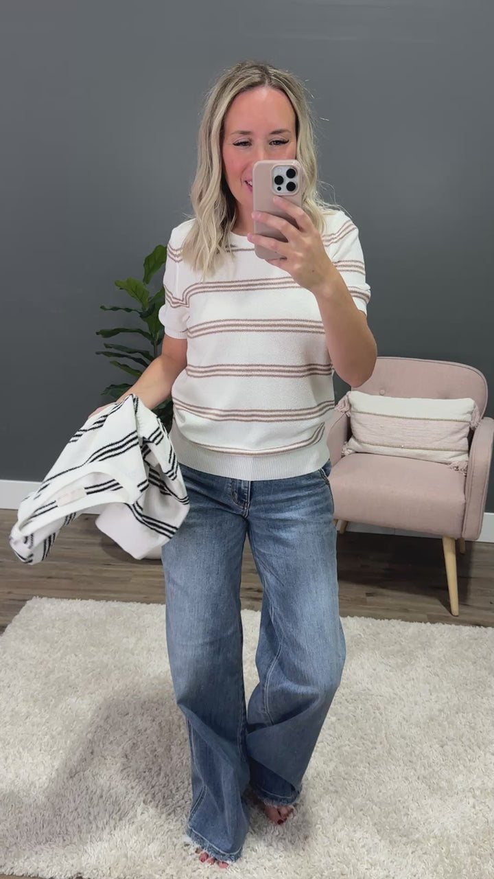 Chelsea Triple Stripe Short Sleeve Sweater - Taupe Be Cool