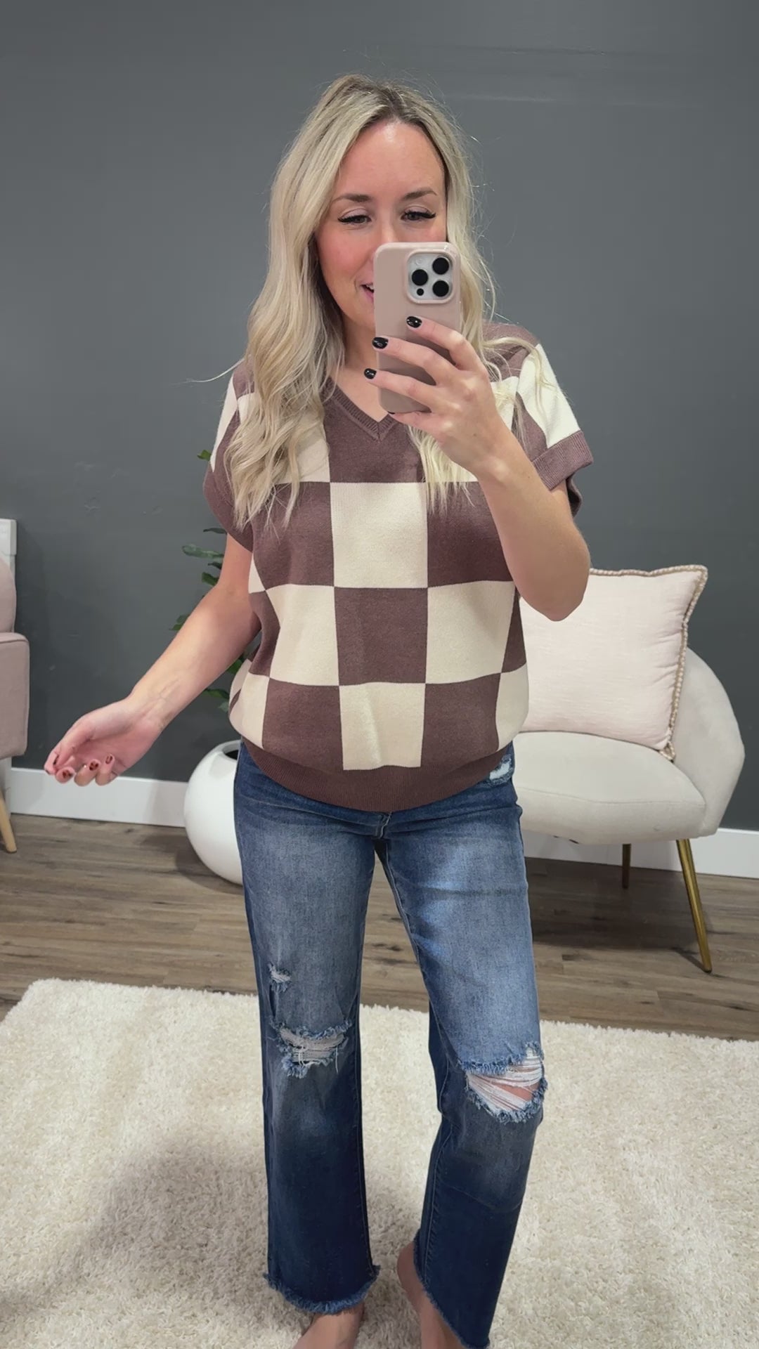 NEW! Melody Coco Checkered Short Sleeve Sweater