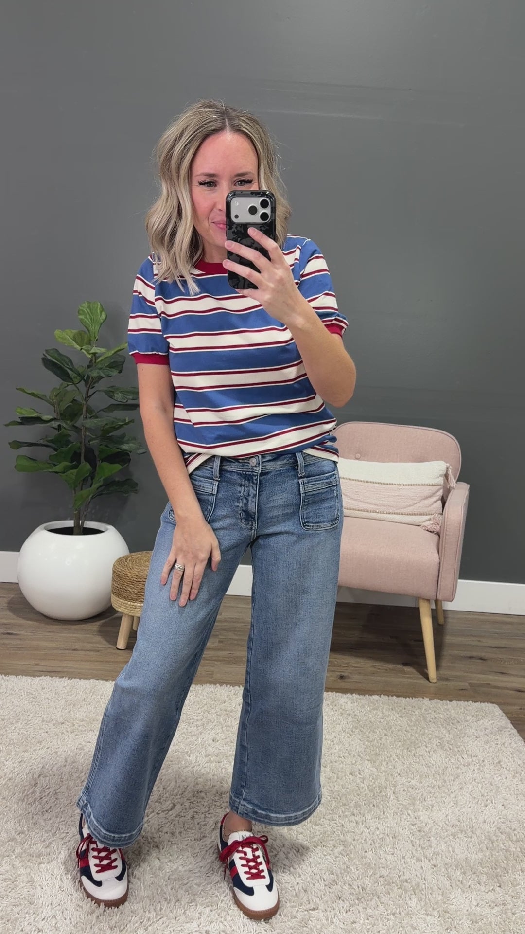 NEW! Shauna Contrast Striped Top - Denim & Burgundy Staccato