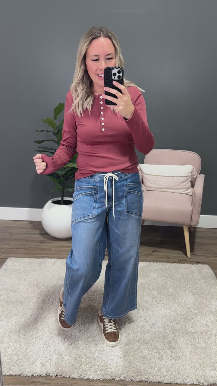 Tatum Micro Ribbed Henley Top - Dark Rose Lovely Melody