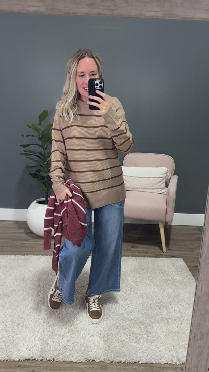 NEW! Andrea Striped Side Slit Sweater - Mocha Be Cool