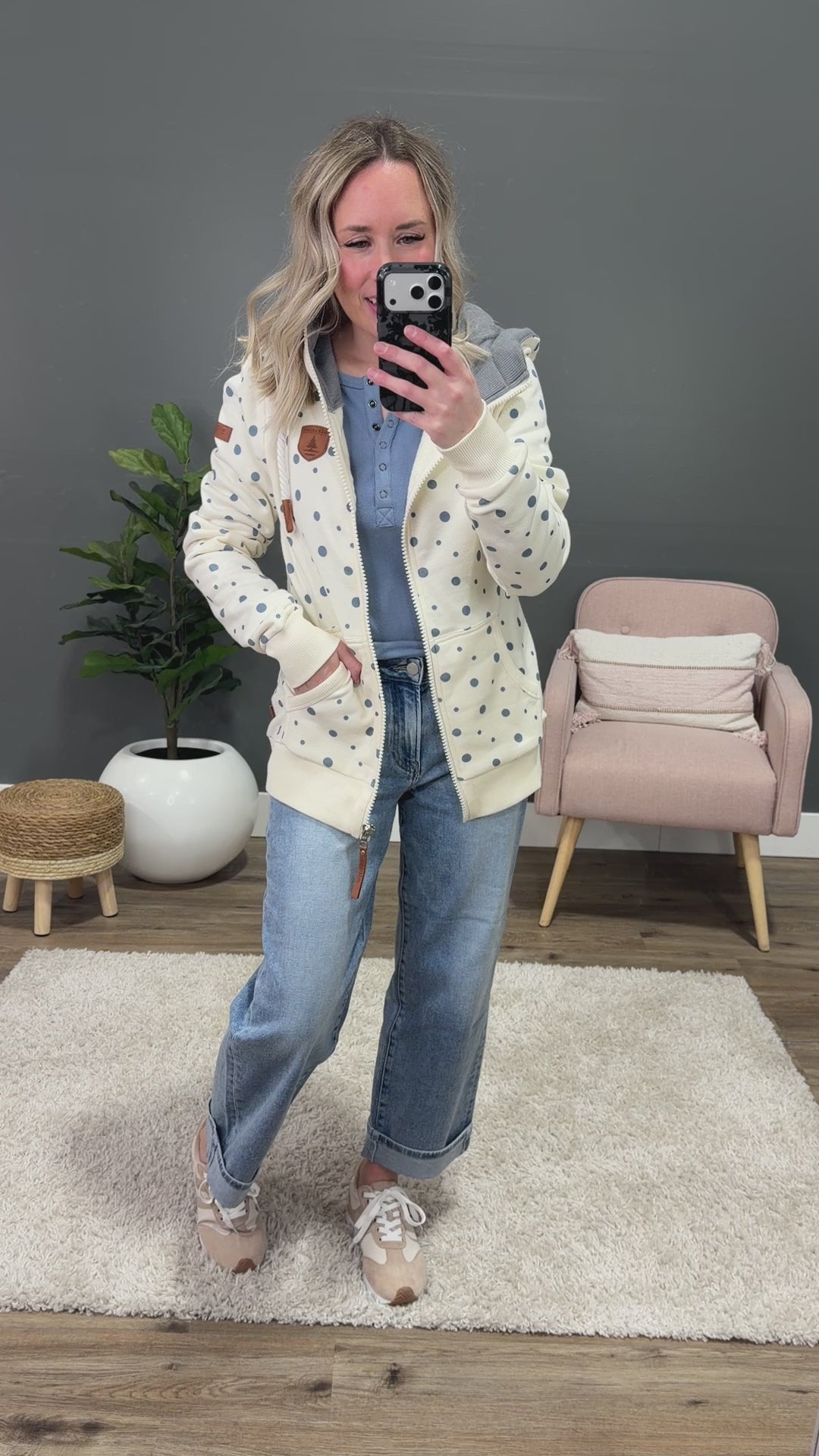 Wanakome Jayne Polka Dot Full Zip Hoodie - Ivory SALE
