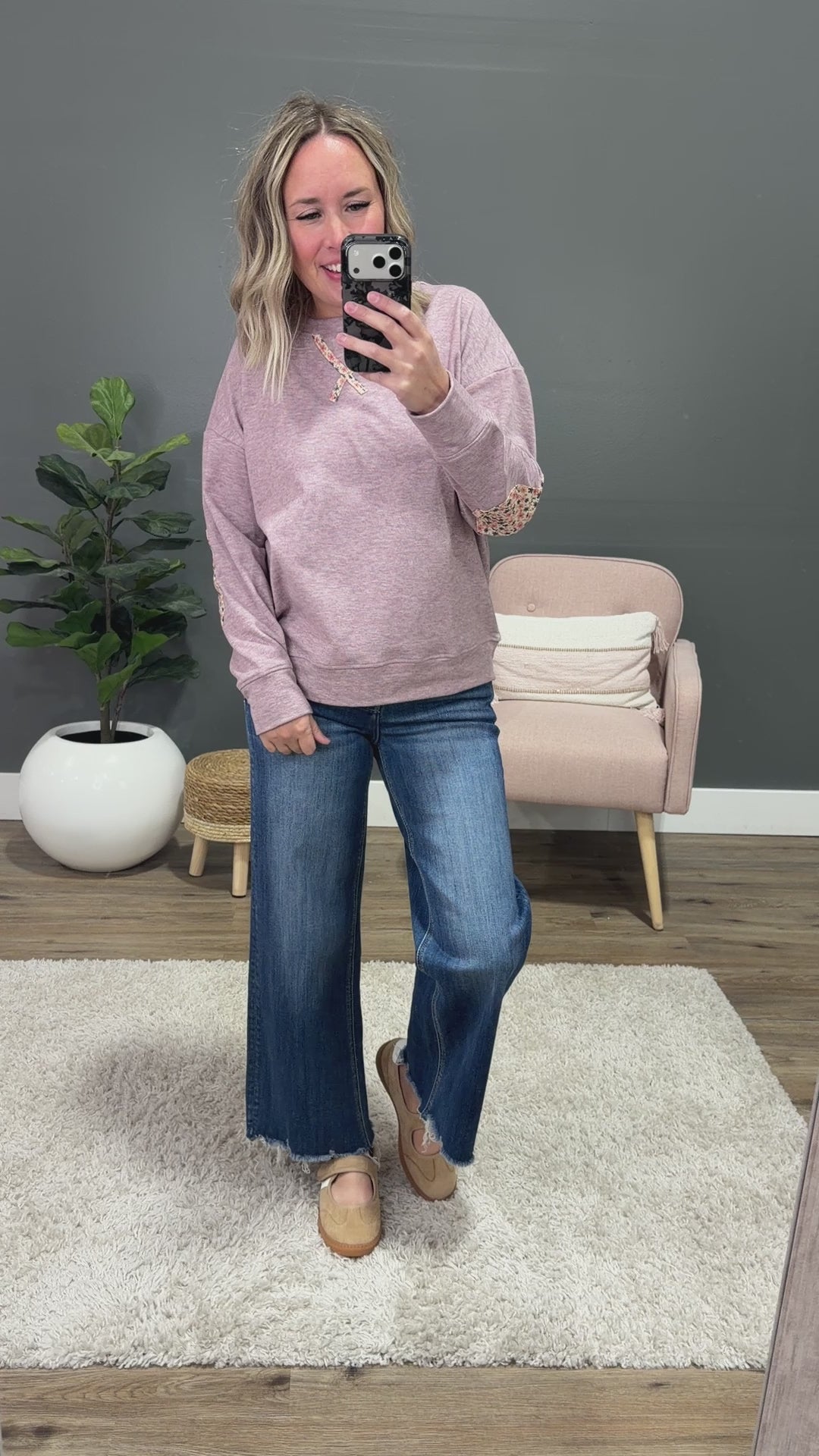 NEW! Laurel Elbow Patch Brushed Top - Dusty Lavender