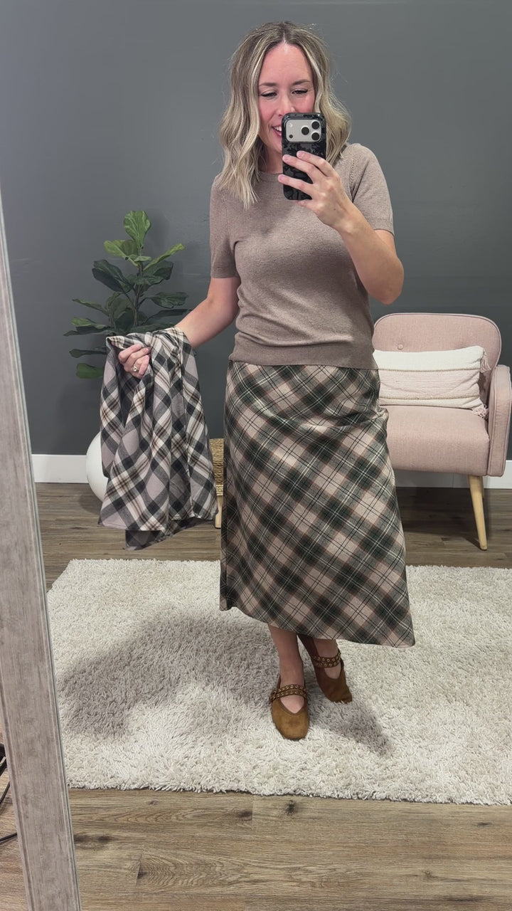 NEW! Jade Plaid A-Line Skirt - Greige Be Cool