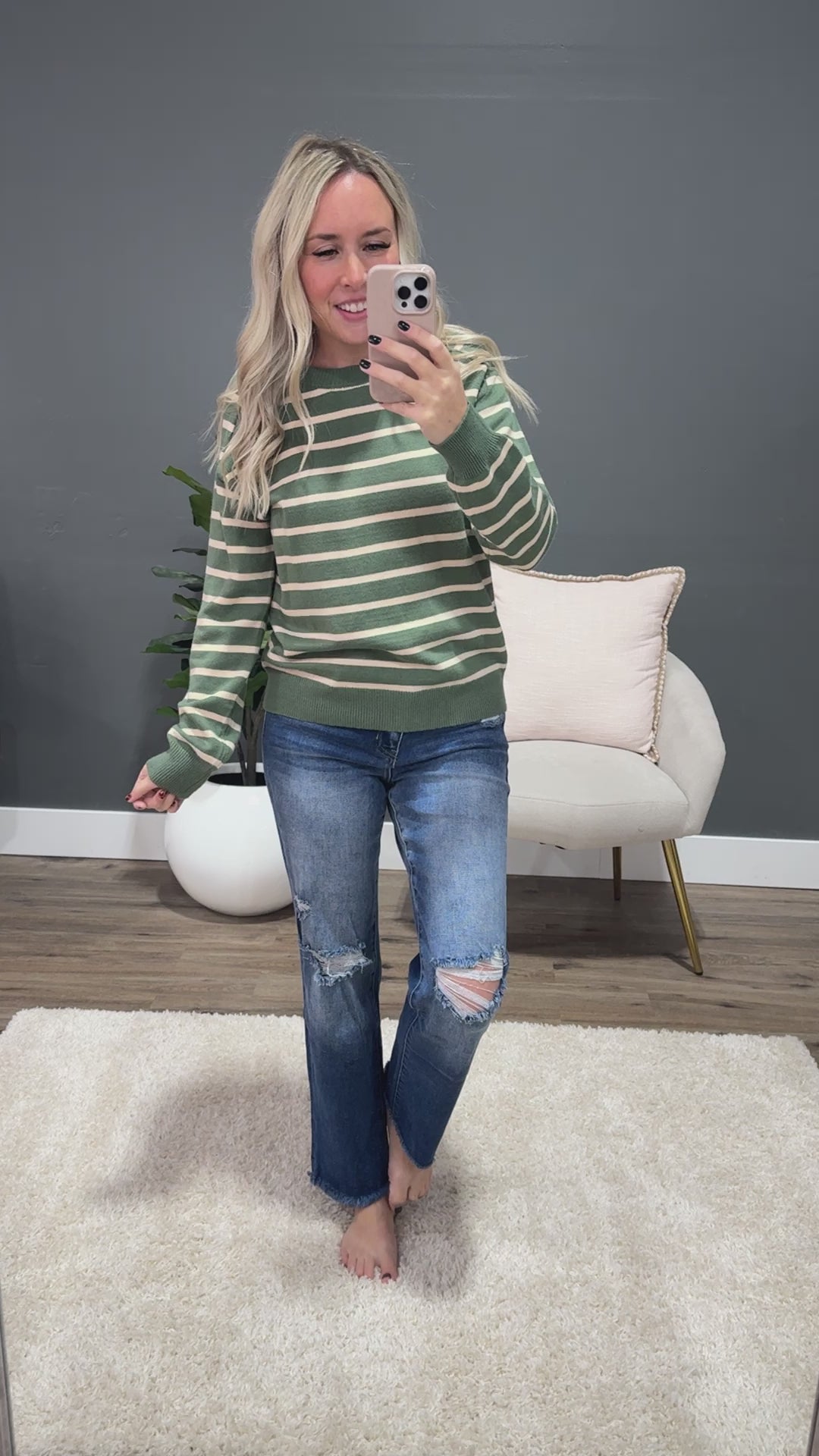 Nova Fine Knit Striped Sweater - Kale