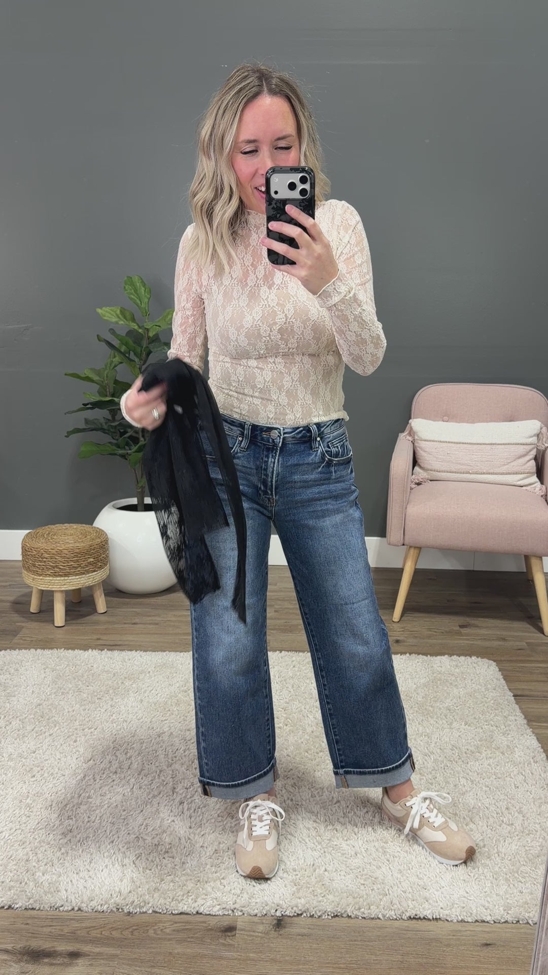 Aubrey Long Sleeve Lace Top - Black Stripe Very J