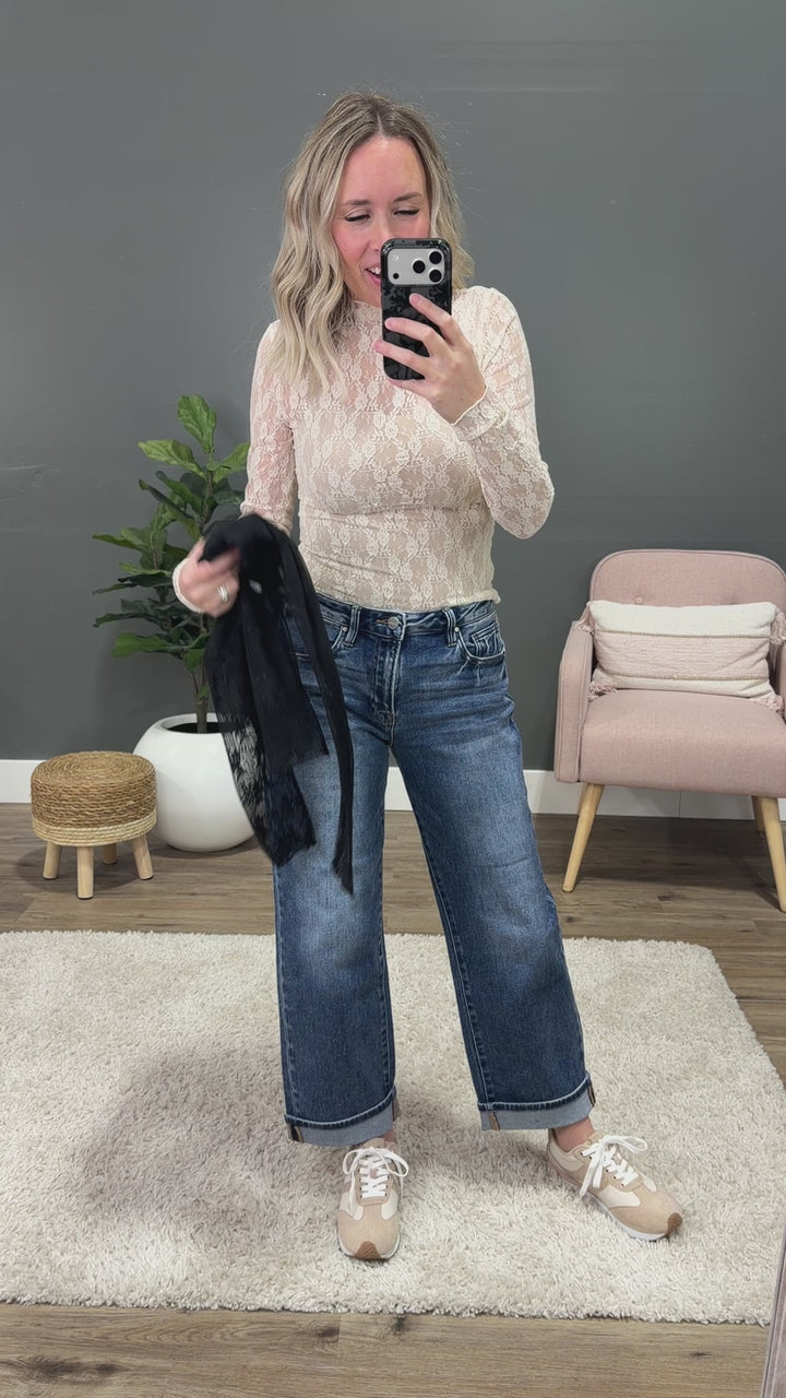 Aubrey Long Sleeve Lace Top - Black Stripe Very J