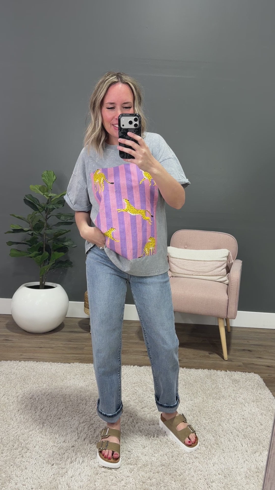 NEW! Striped Cheetah Gray Denim Tee Zutter