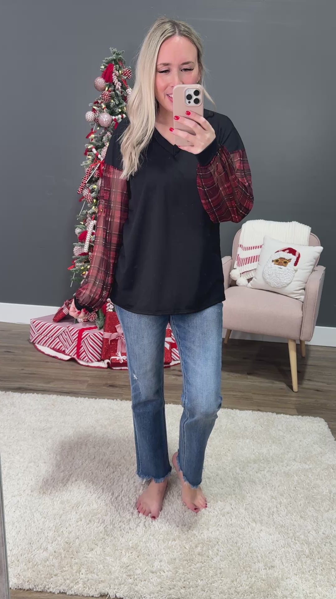 DOORBUSTER! Black V Neck Top With Sheer Plaid Sleeves Heimish