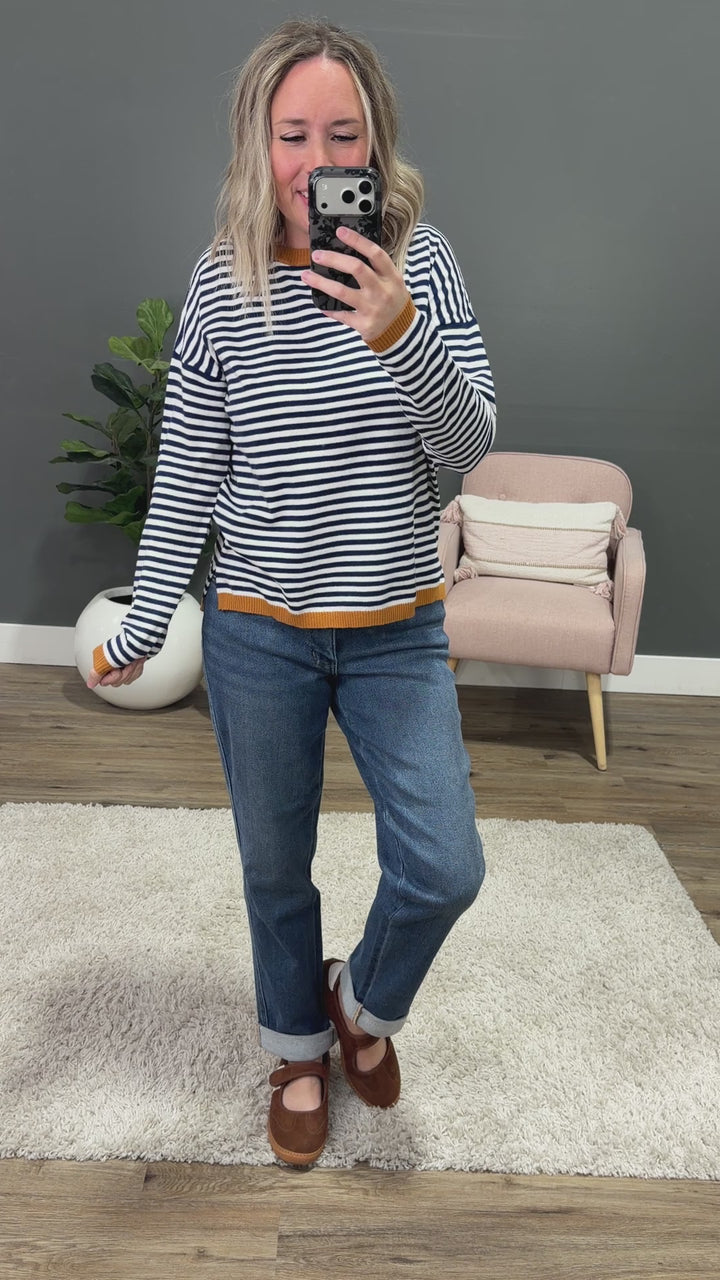 NEW! Kathryn Navy Striped Side Slit Sweater - Camel