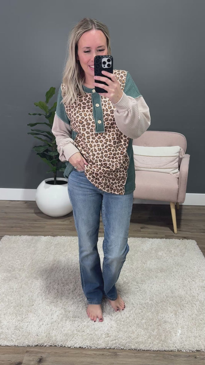 Angelique Mixed Corded Fabric Henley Top - Moss & Taupe Lovely Melody