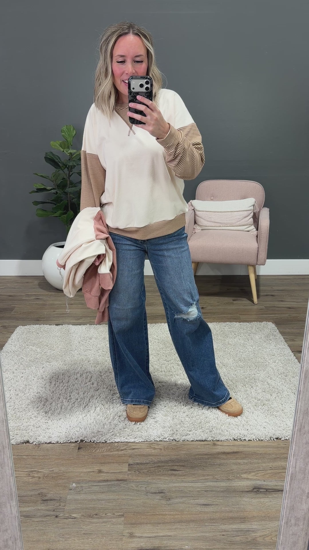 NEW! Danielle Striped Sleeve Brushed Top - Rust