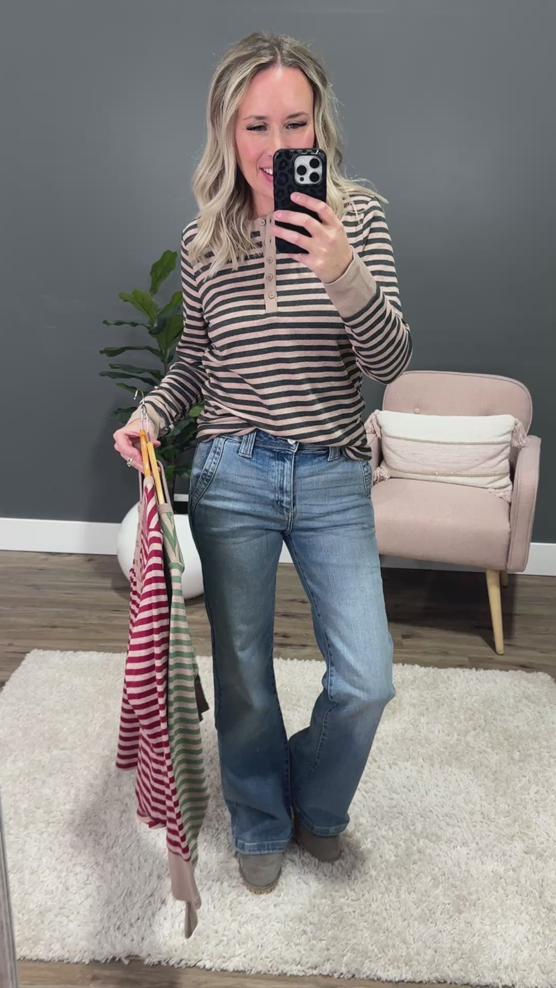 Claudia Striped Henley Top - Charcoal