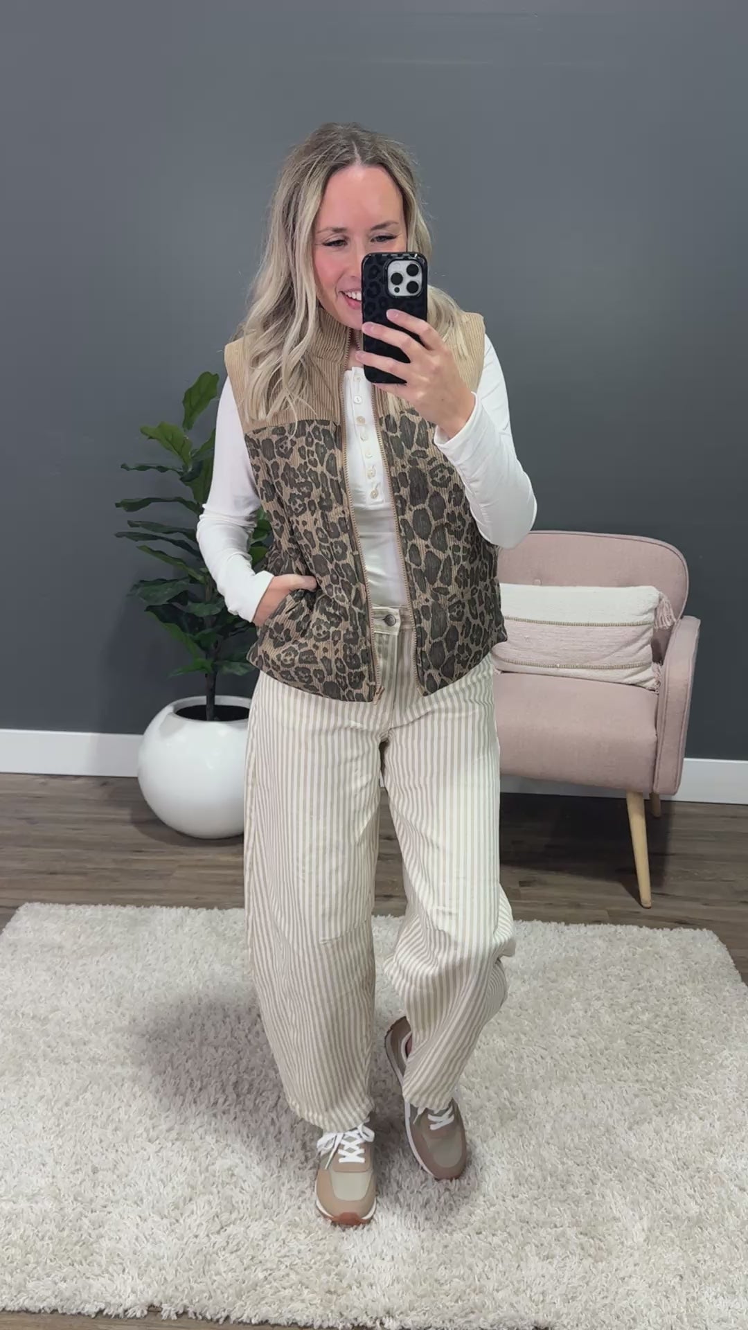 NEW! Corduroy Leopard Print Puffer Vest - Taupe Staccato