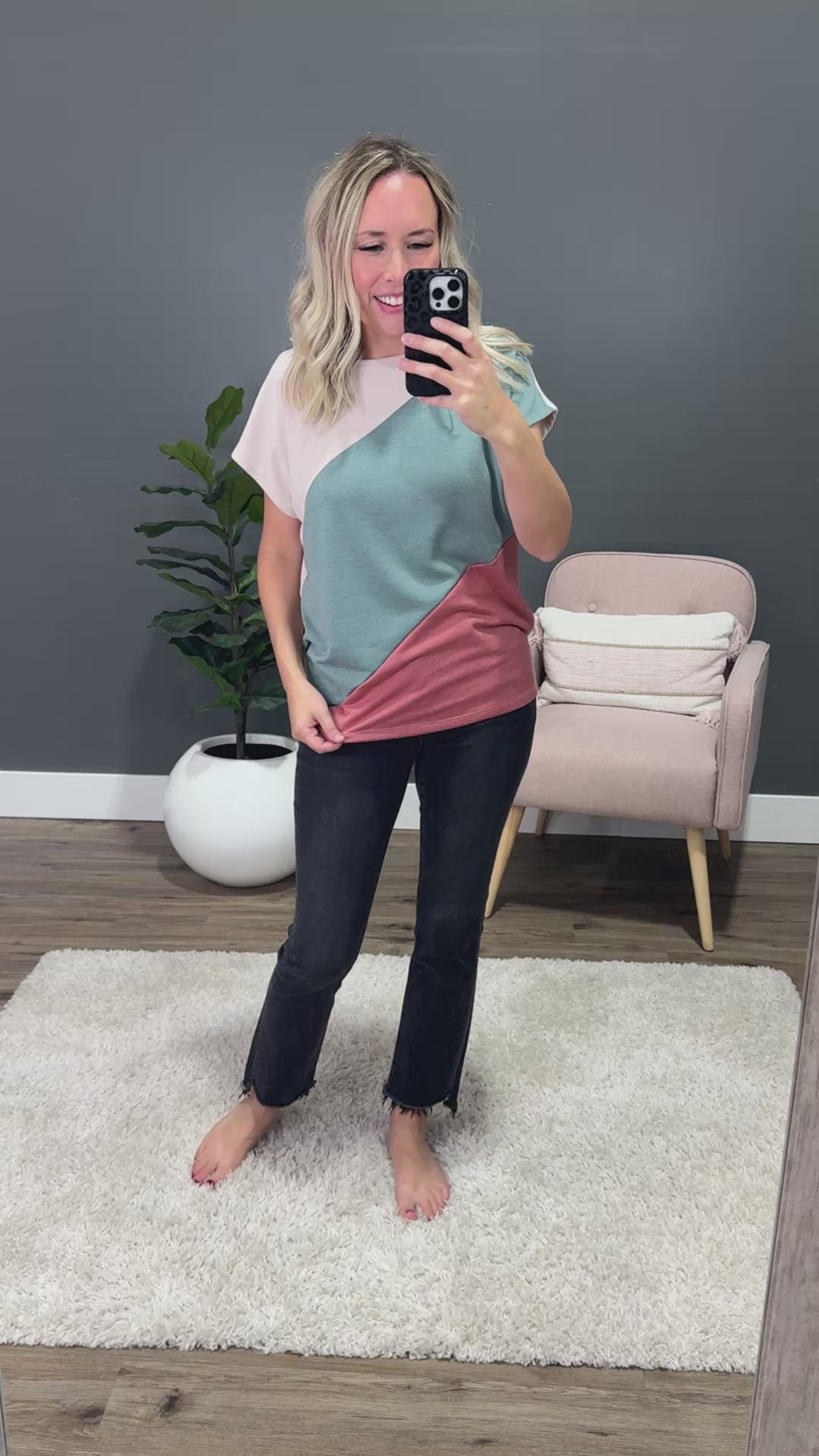 NEW! Elaine Color Block Top - Olive & Rust Staccato