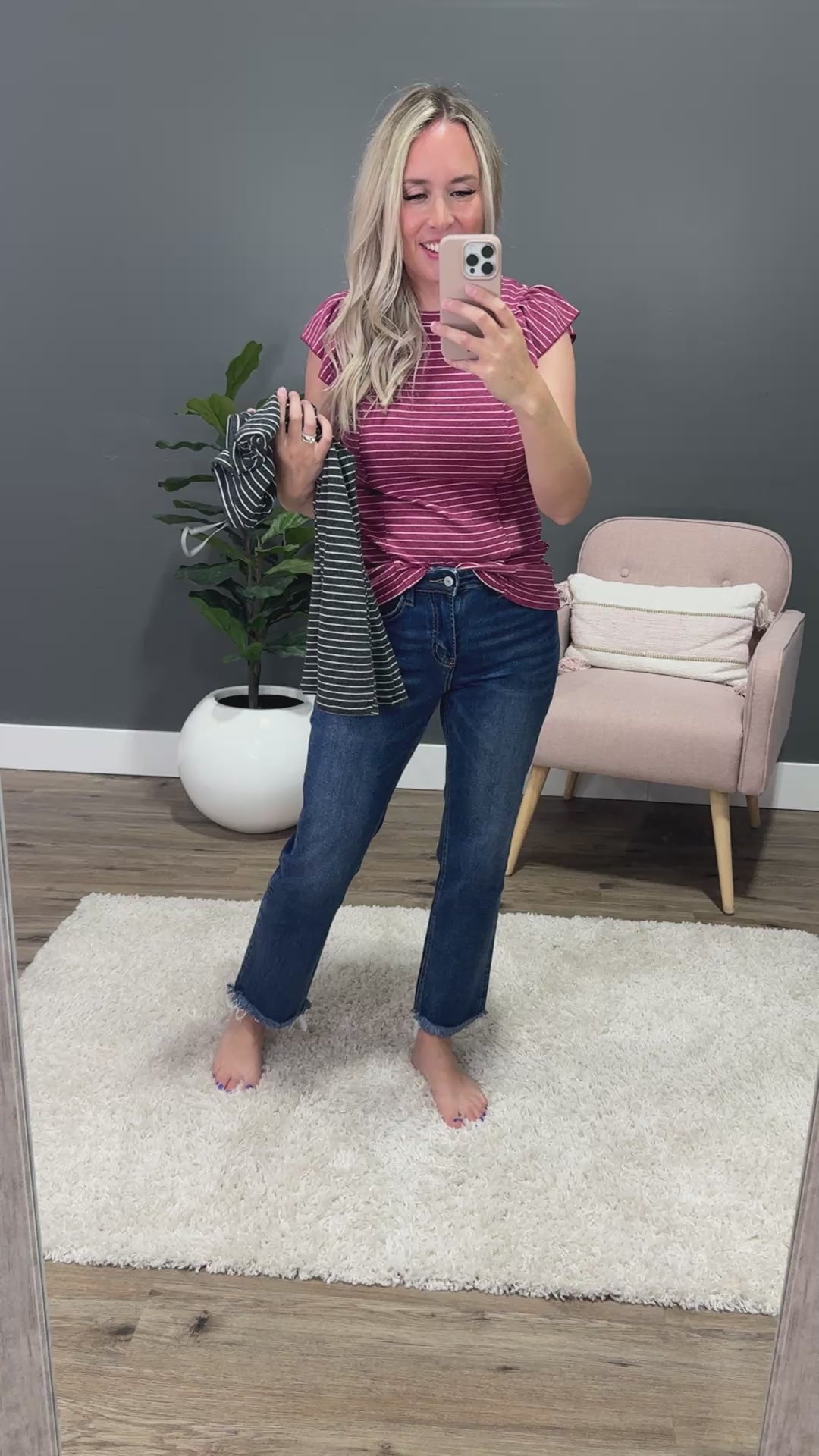 Holly Striped Ruffle Sleeve Top - Charcoal Staccato