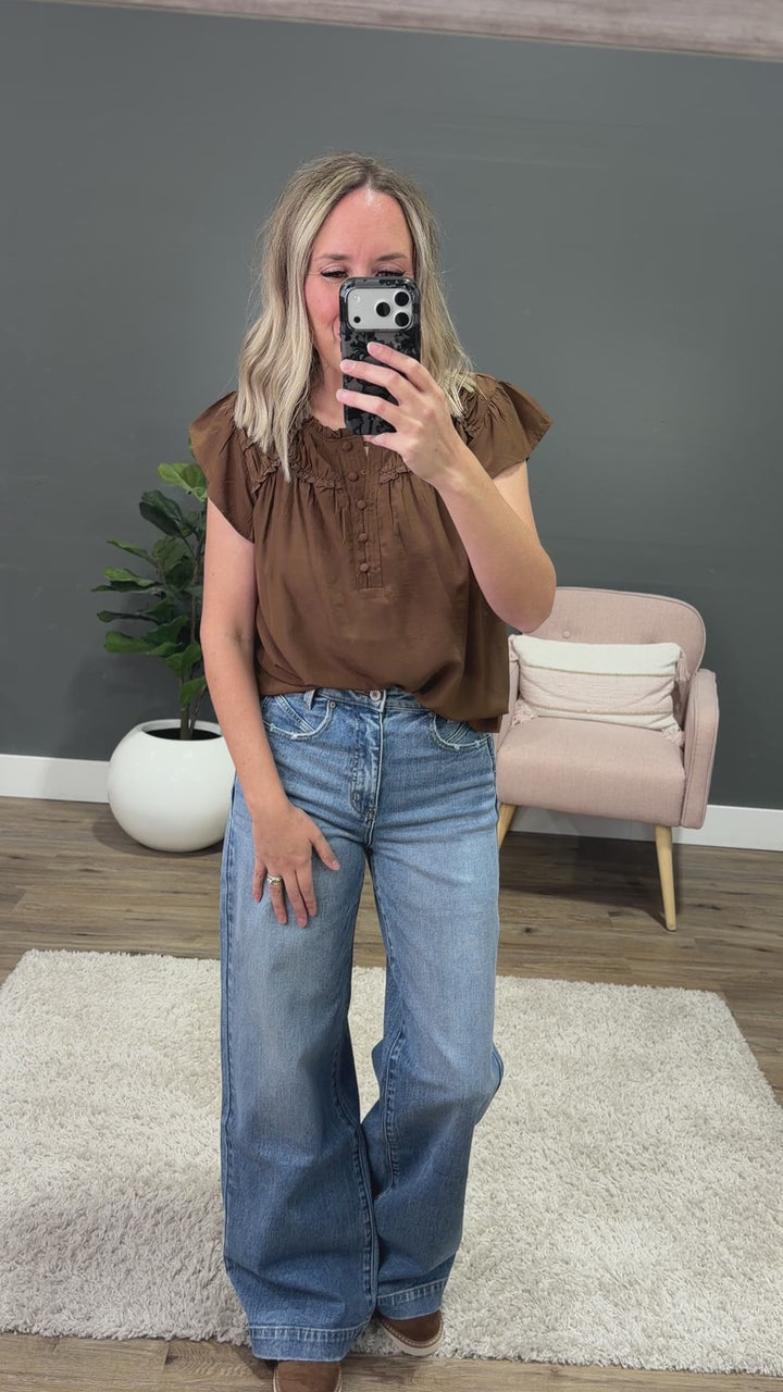 NEW! Raya Ruffled Henley Top - Brown Mine