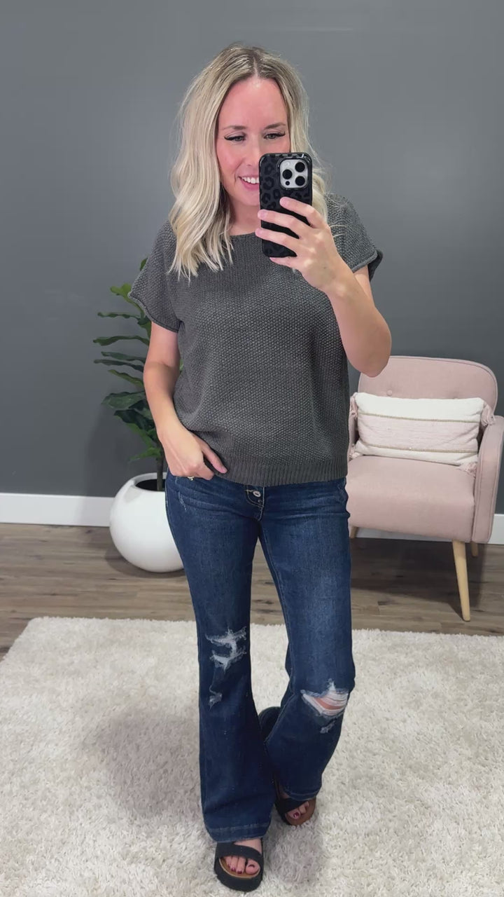 NEW! Raquel Open Weave Short Sleeve Sweater - Gun Metal Staccato