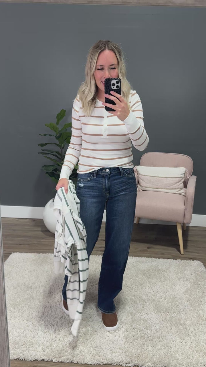 NEW! Everly Ribbed Long Sleeve Striped Henley Top - Spruce Be Cool