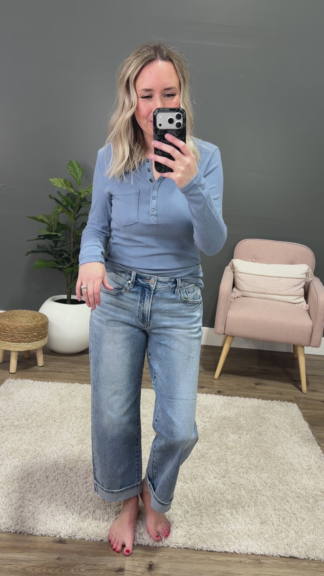 NEW! Georgia Henley Long Sleeve Top - Dusty Blue Michelle Mae