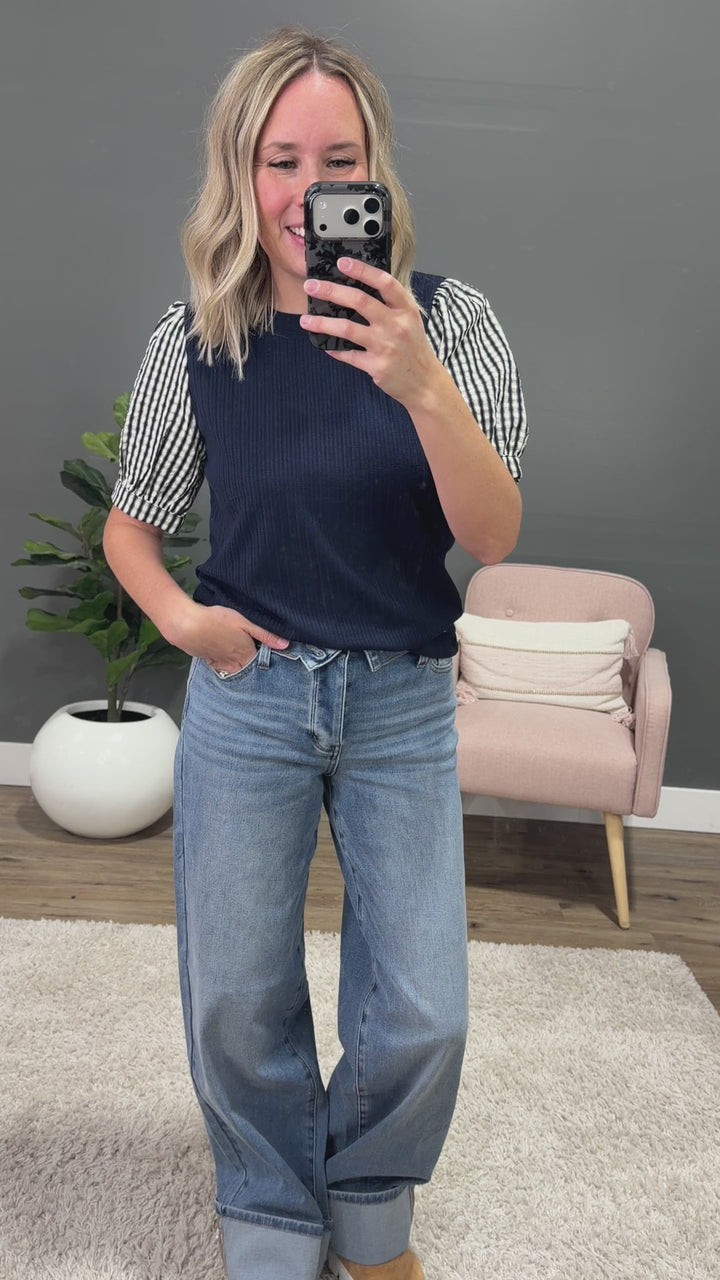 NEW! Archer Plaid Puff Sleeve Top - Navy