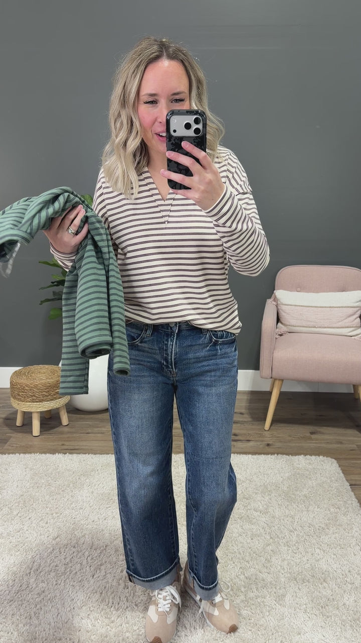 NEW! Laurel Striped V Neck Cozy Pullover - Sage Staccato