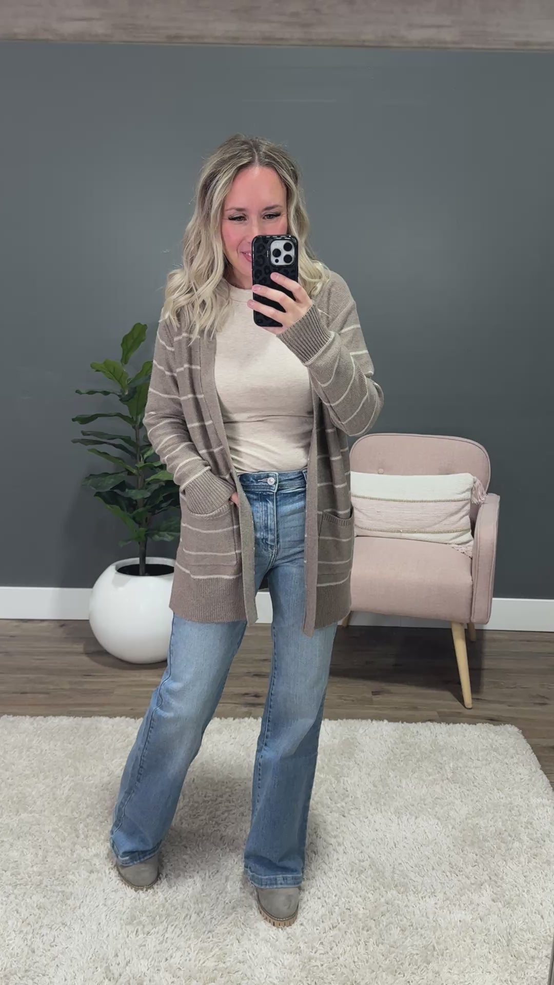 Debbie Striped Open Front Cardigan - Mocha Be Cool