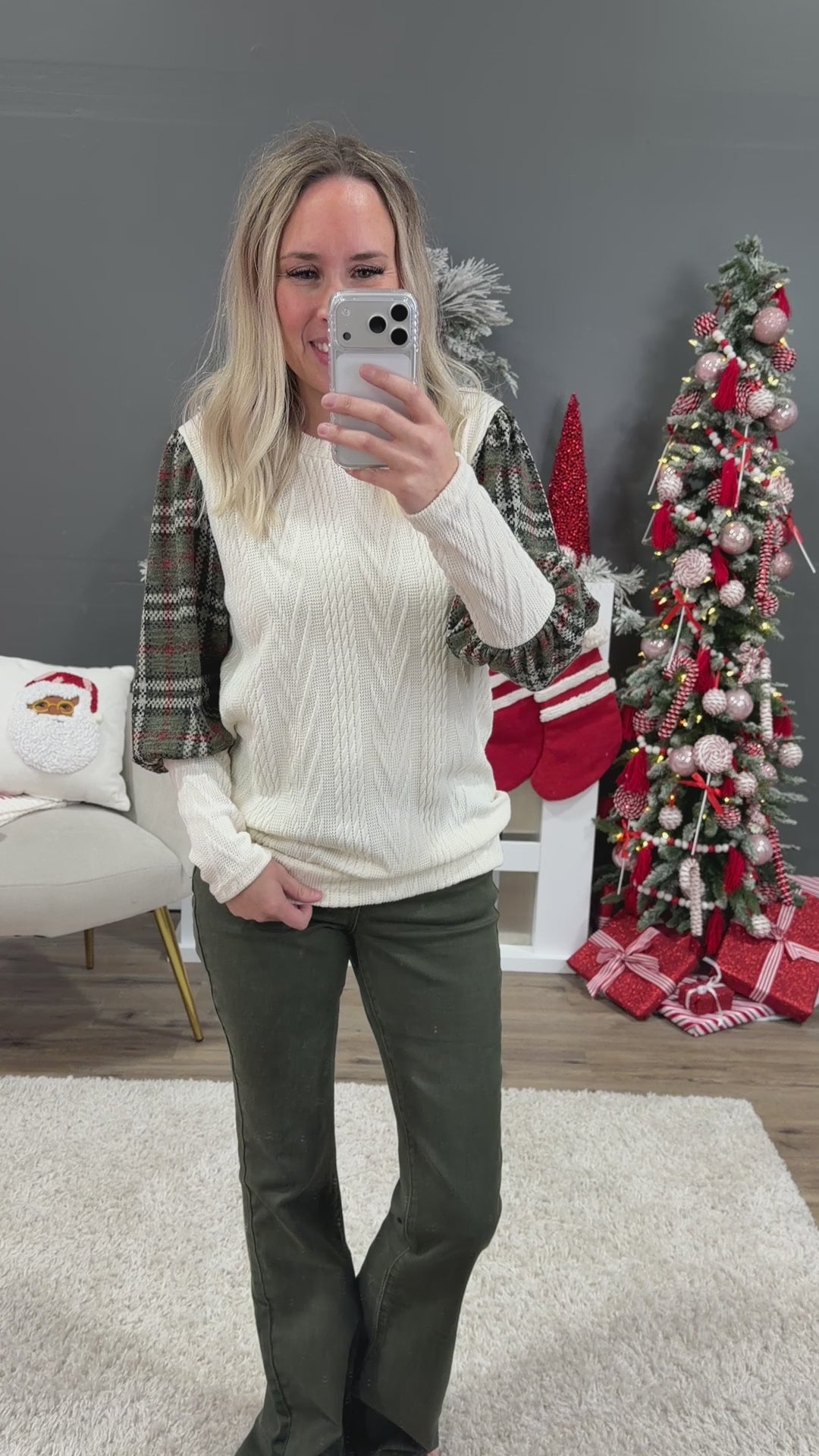 NEW! Chelsea Cable Knit & Plaid Color Block Top - Olive