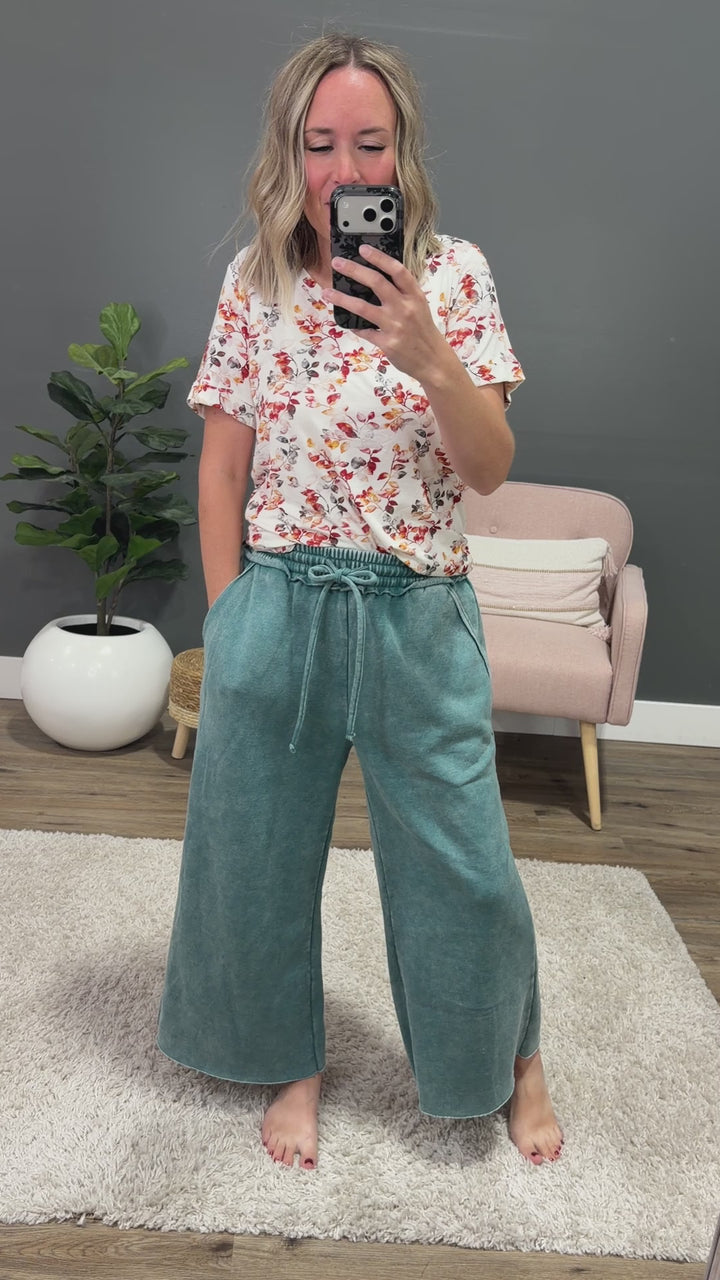 NEW! Cropped Wide Leg Comfy Pants - Teal Zenana