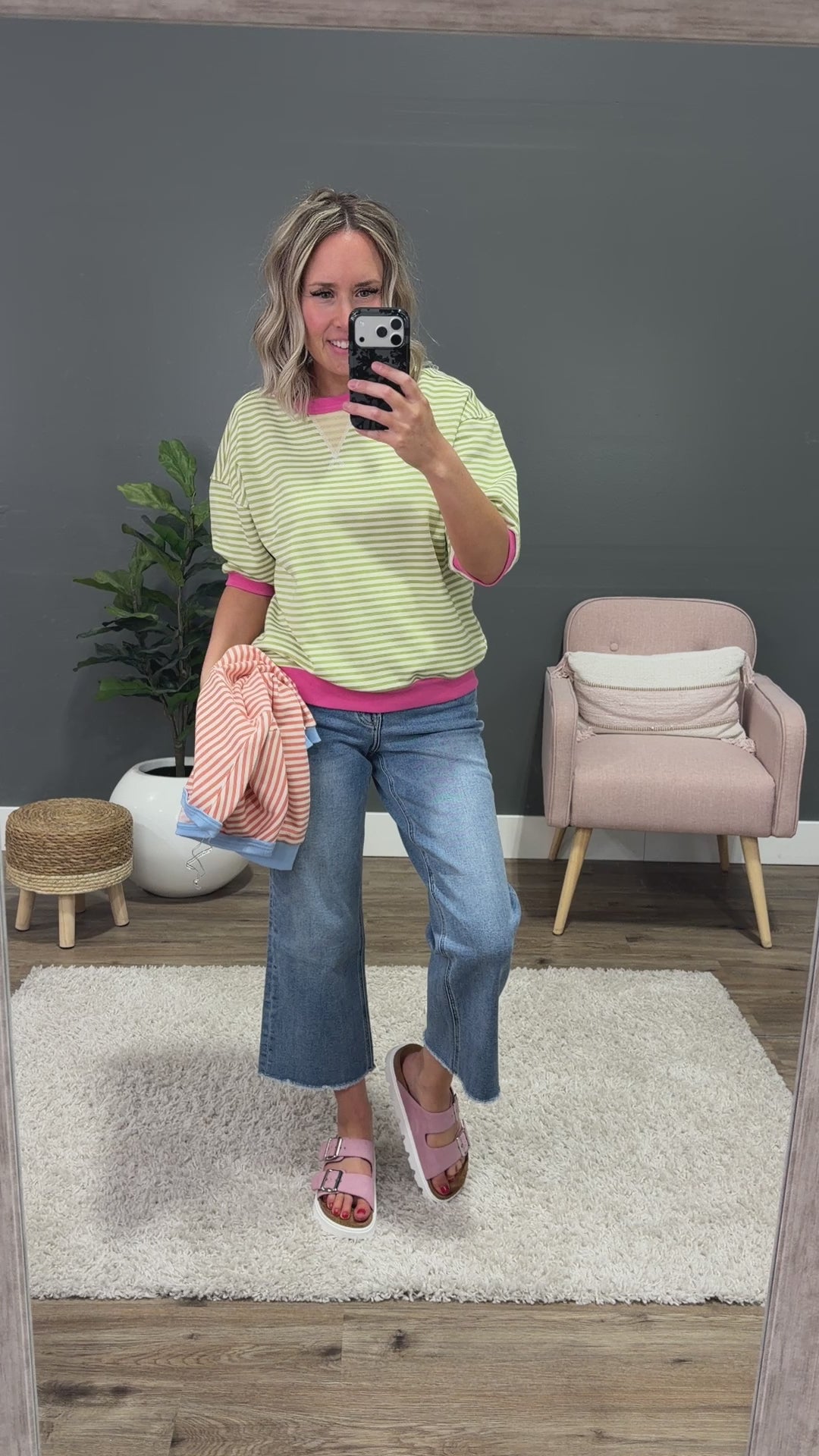 Jillian Striped Half Sleeve Top - Green & Pink Staccato