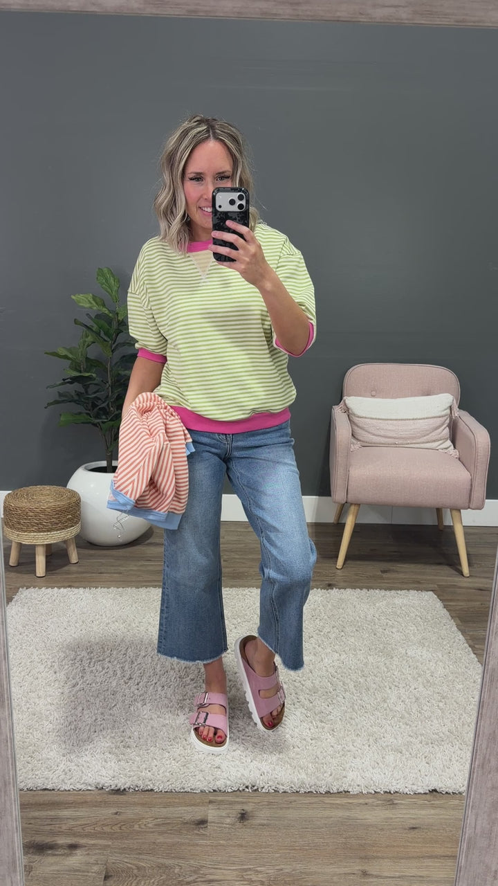 Jillian Striped Half Sleeve Top - Green & Pink Staccato