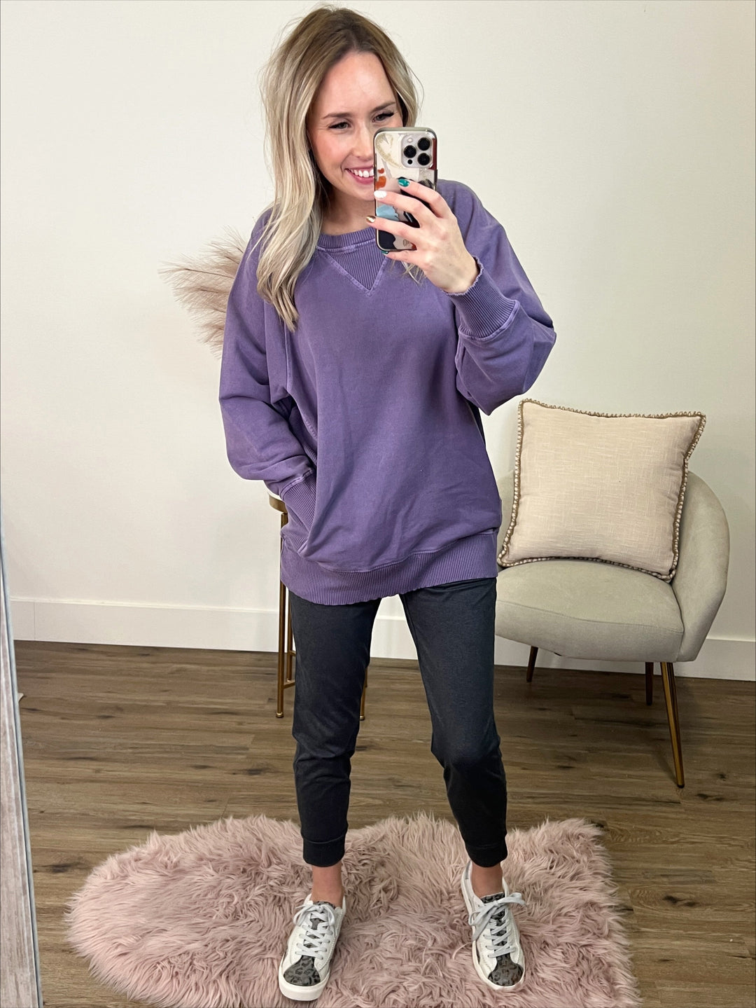 Girlfriend Crewneck Sweatshirt - Lilac Gray  Zenana   